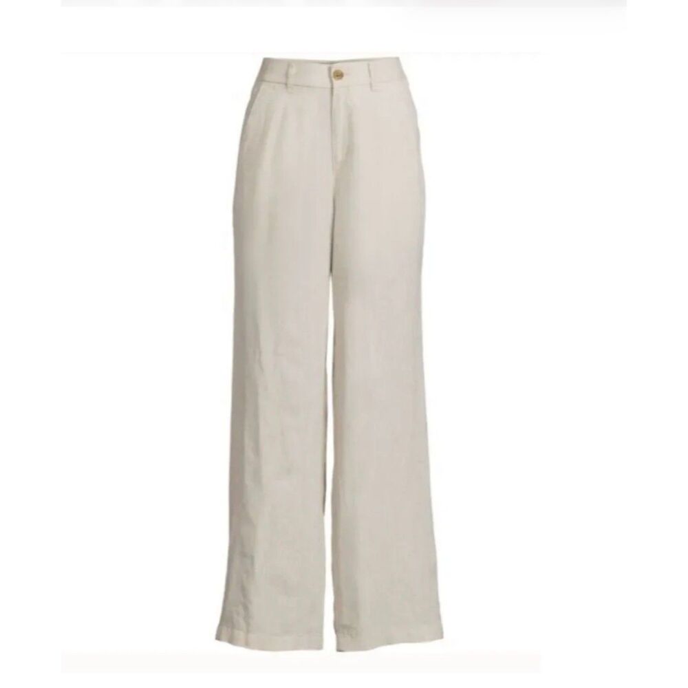 Women's High Rise Elastic Back Wide Leg Linen Pleated Pants, Beige, Size 18 EUC